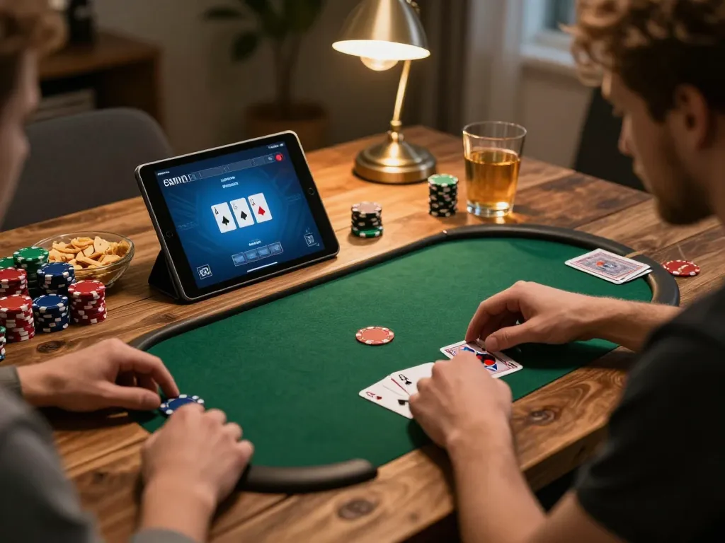 Engaged player strategizing in an online poker game on Jun88, cozy home atmosphere.