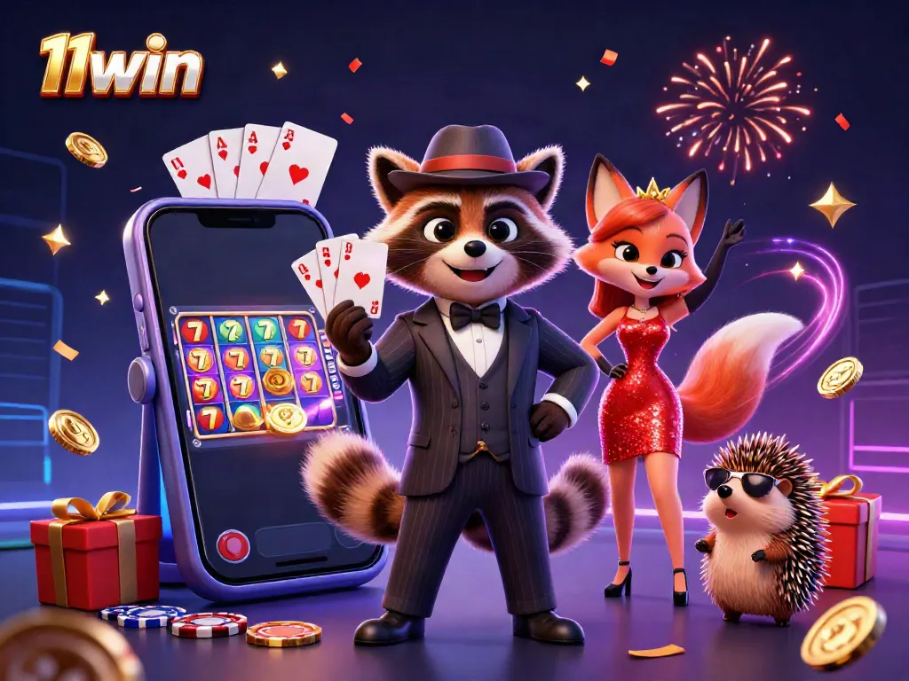 Experience casino excitement with 11win's vibrant 3D illustration of lively characters and dynamic gaming elements.