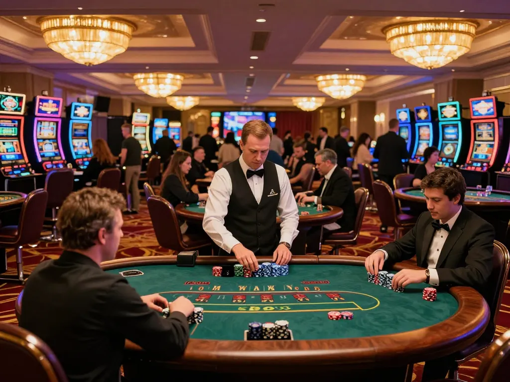 Exciting blackjack scene at 8kbet casino with players engaged in the game and polished tables.