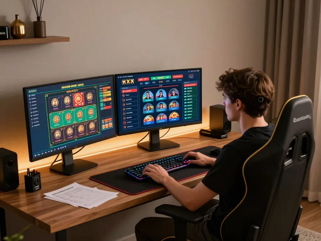 Player explores nhà cái co88 gaming strategies with multiple screens in a stylish workspace