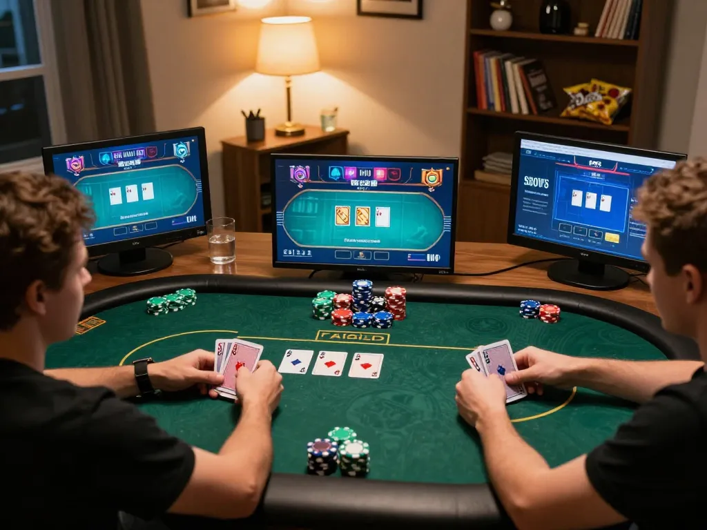 Players enjoy a thrilling online poker game at Uk88, showcasing strategy and engagement in a cozy setting.