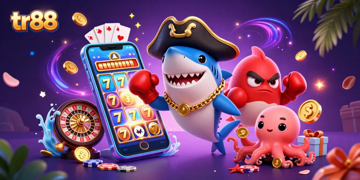 Engage with tr88 gaming excitement featuring a pirate shark and casino elements in a vibrant scene.