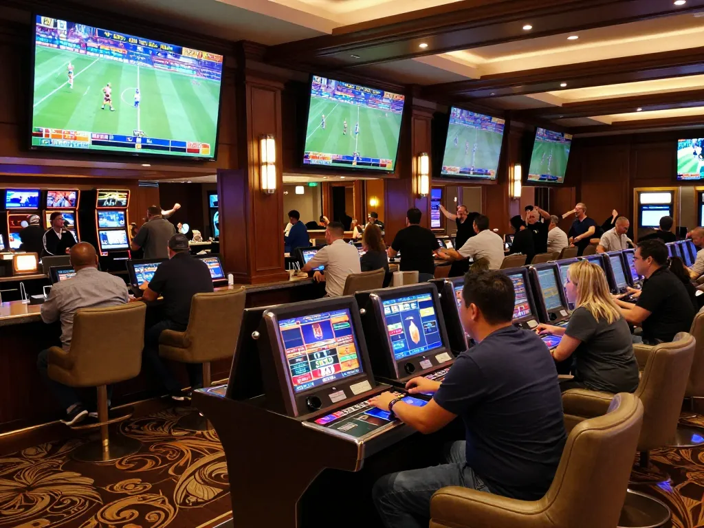 Soi kèo nhà cái at a lively sports betting lounge with engaged bettors placing wagers.