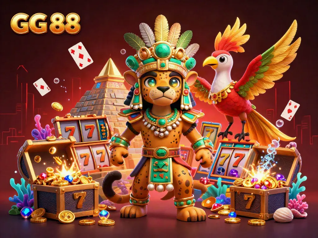 Experience the excitement of GG 88 with a vibrant 3D casino scene featuring dynamic slot machines and rich treasures.
