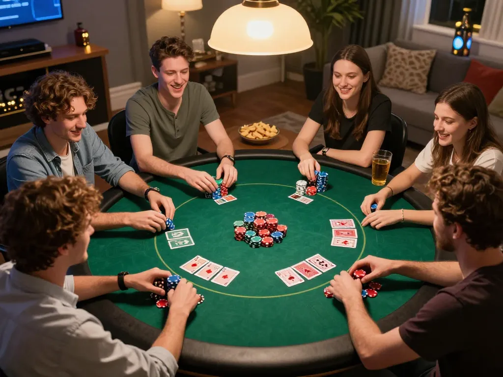 79king players enjoying a lively poker game with colorful chips and friendly competition.