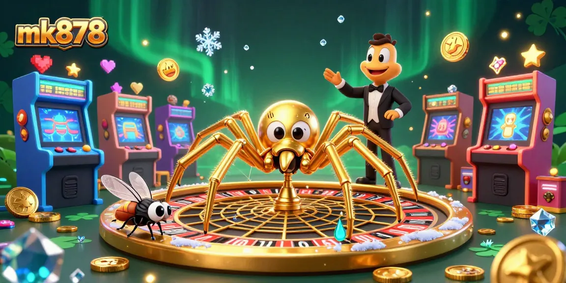 Spin the roulette wheel at mk878 with a golden spider and centipede croupier in a vibrant casino scene.