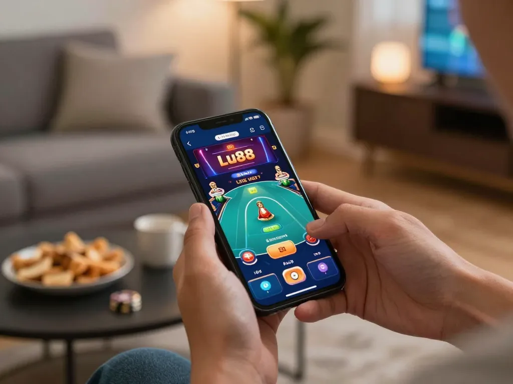 Hands exploring the App Lu88 casino app, enjoying live dealer games in a cozy setup with snacks.