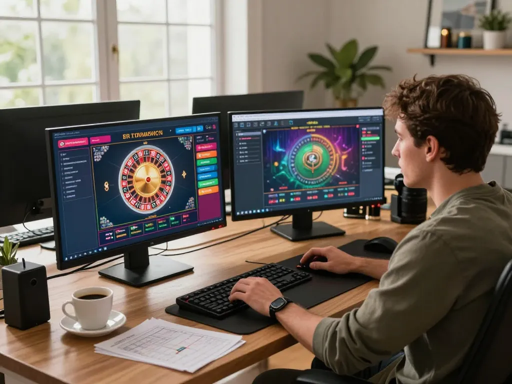 Engaged player using 566 casino app for roulette game in a modern home office.