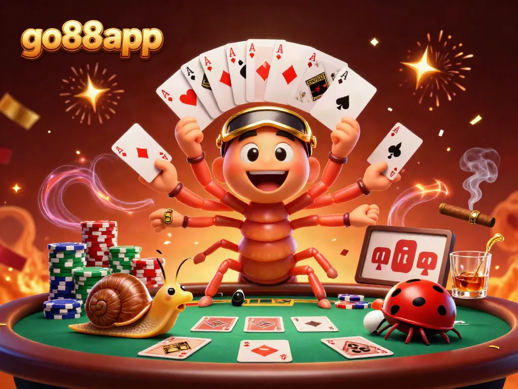 Experience thrilling gameplay at go88app, featuring an animated dealer, vibrant poker chips, and a celebration atmosphere.