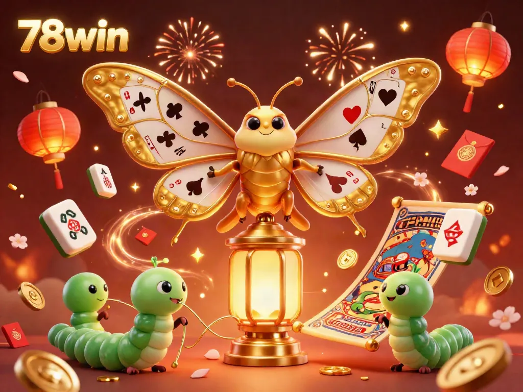Experience thrilling moments with 78win in this vibrant 3D illustration depicting a majestic moth and lively casino elements.
