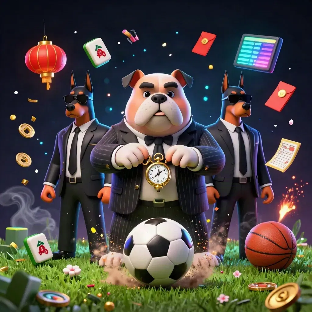 Mafia-buldog en twee dobermanns, met voetbal, goud en neon casino-effecten.