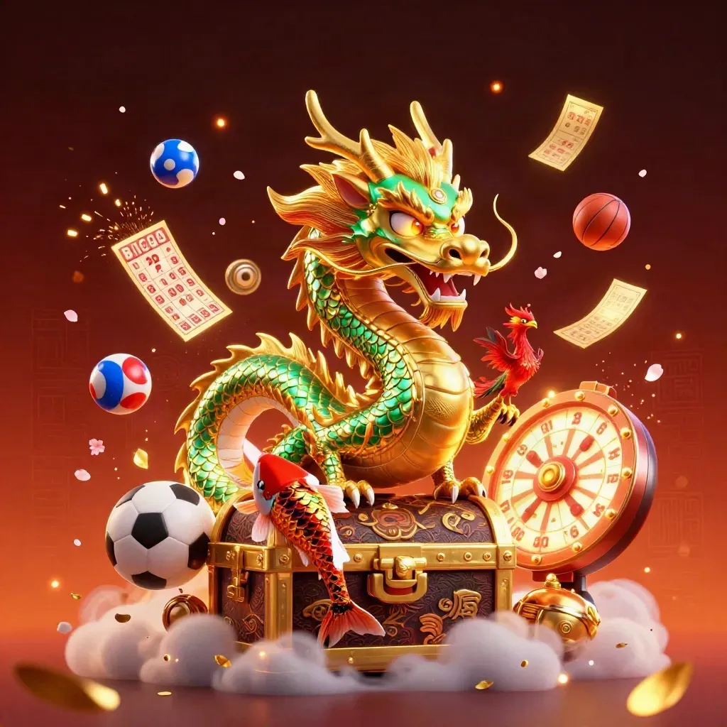 Gouden draak met phoenix, koi en casino- en sportelementen in vurige neonlichtshow.