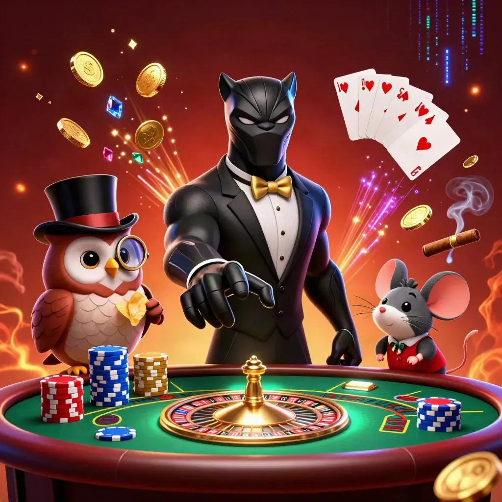 Panter, uil en muis bij een luxe casino-tafel met munten, kaarten en neon licht.