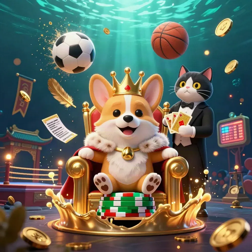 Krooncorgi en kattenbutler tussen voetbal, basketbal en gouden casinogloed.