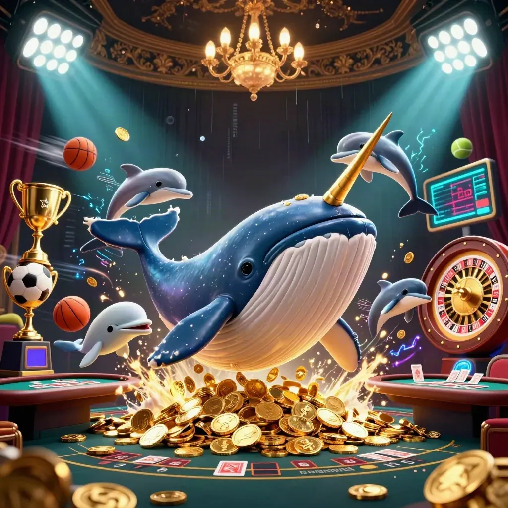 Walvis, narwal en dolfijnen in een luxe casino-scène met munten, licht en gouden accenten.