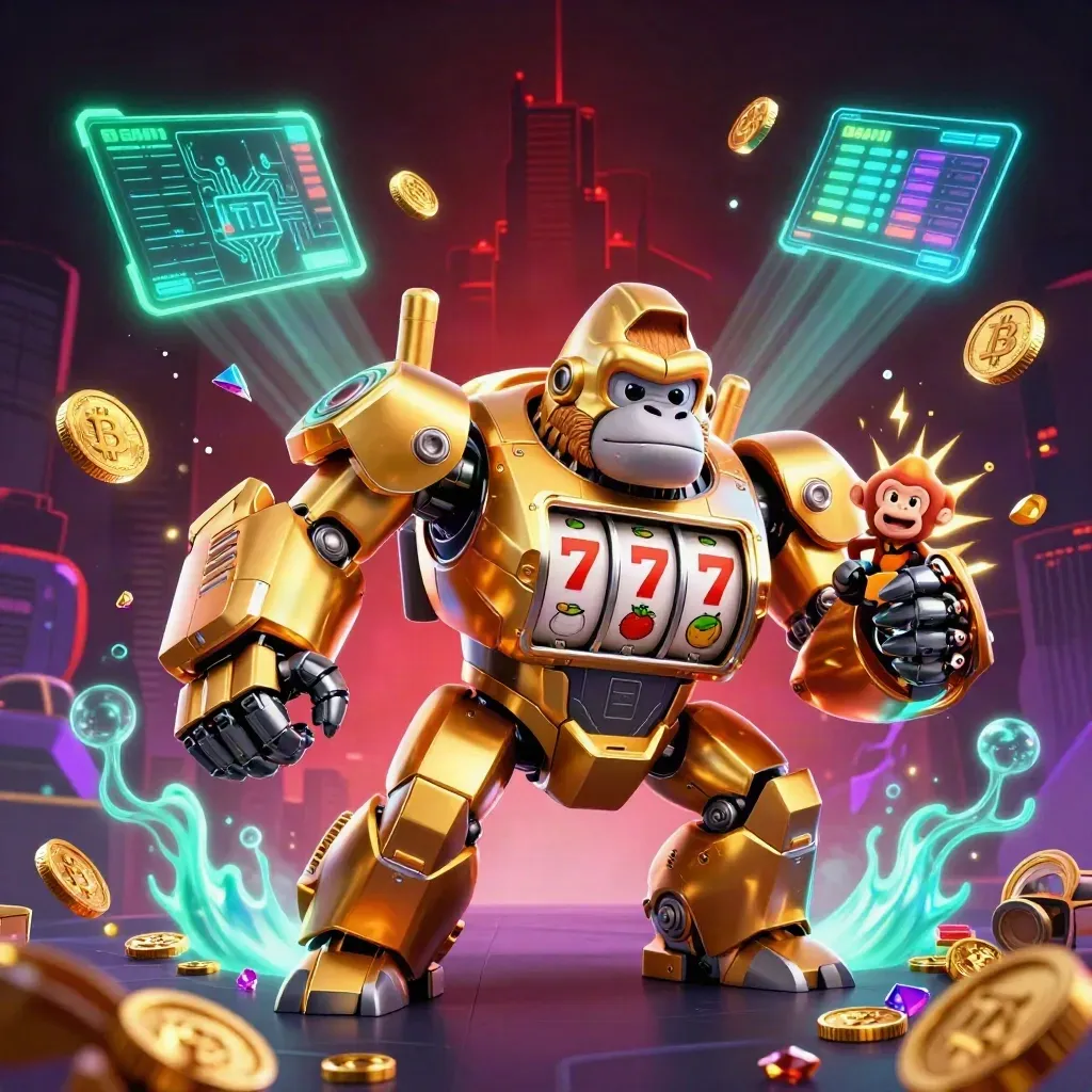 Gouden gorillamech met kleine piloot, neon groen licht en zwevende crypto-coins.