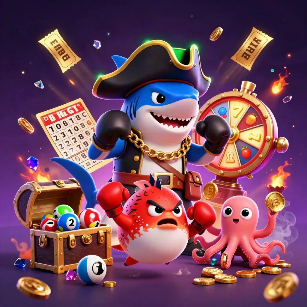 Piraat-haai, bokspuffer en baby-octopus tussen neon groene casino-buit en sterrenstof