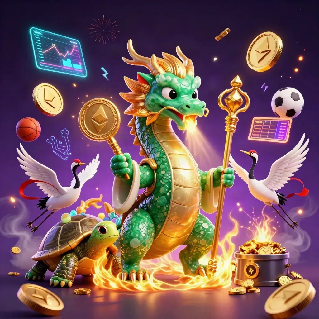 Jade draak, schildpad en kraanvogels met casino- en crypto-effecten in neon.