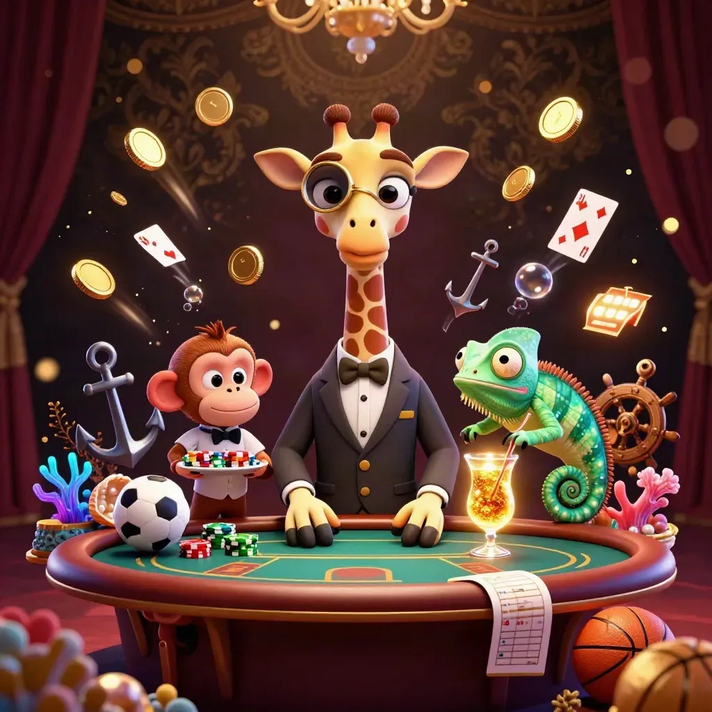 3D casino-scène met giraffe, aap en kameleon tussen goudregen, kaarten en luxe licht.