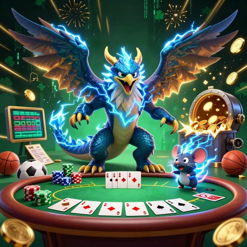 Draken, havik en muis in neon casino-chaos met goud, pokerchips en explosieve energie.