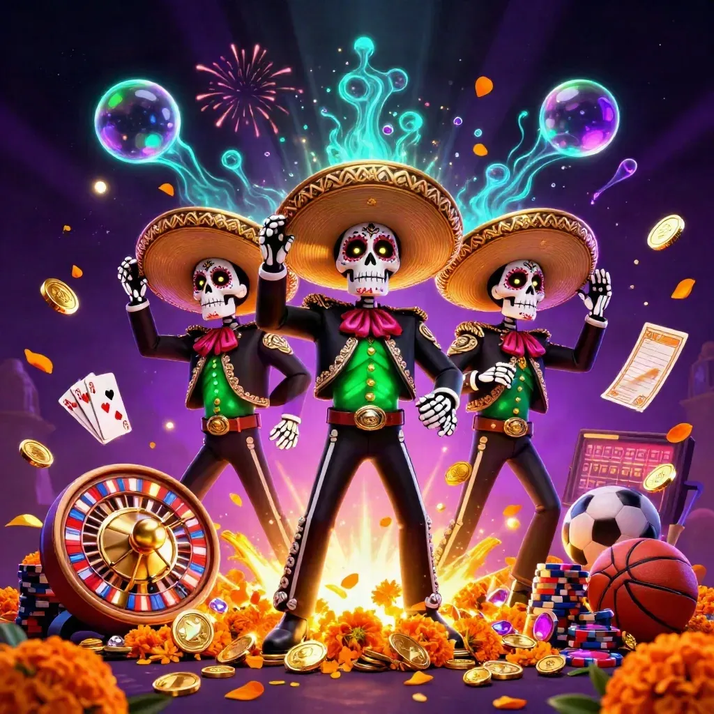 Drie skeletten in mariachi-outfit omringd door munten, kaarten, chips en sportitems in neon casino-glans