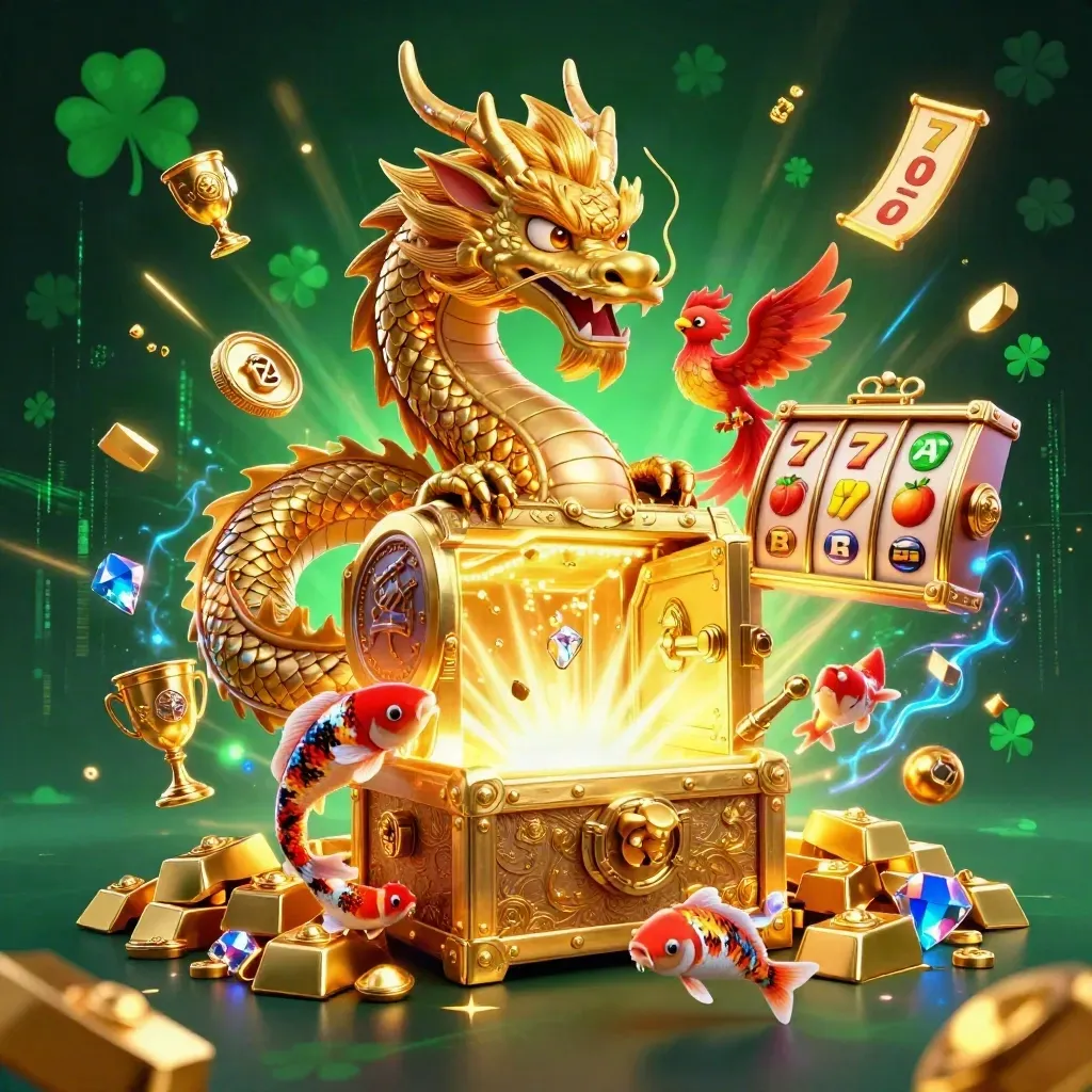 Gouden draak met phoenix en koi bij een open schatkluis in neon casino-stijl.