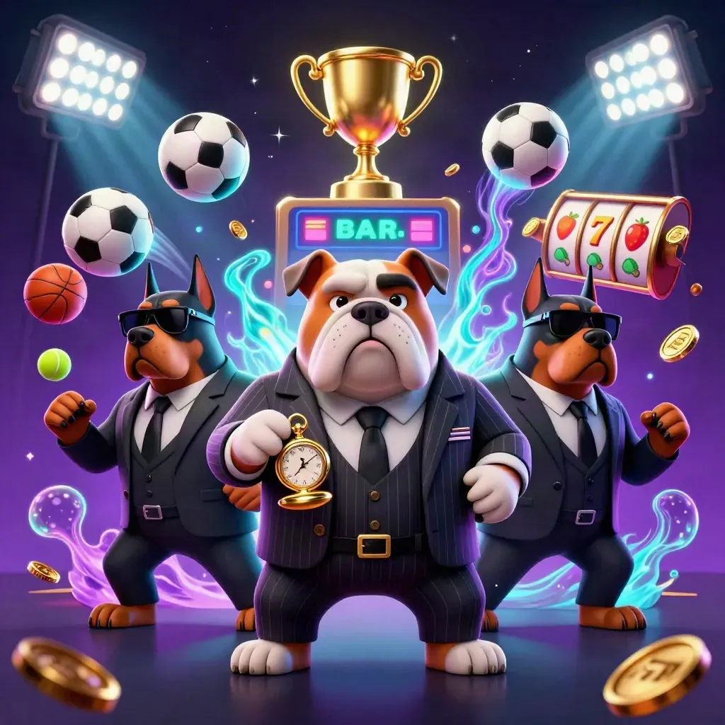 Drie bulldogs in maffiapakken met neon casino-effecten, goud, ballen en trofeeën