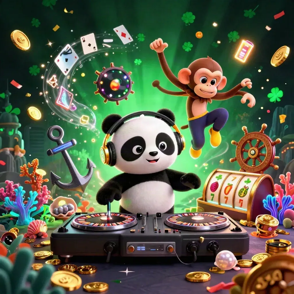 DJ-panda, dansende aap en glowstick-kat met gokkasticonen in neon casinozee