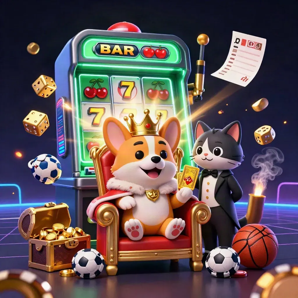Koninklijke corgi, kattenbutler en gokkast in neon casino-glow met goud en sportballen.