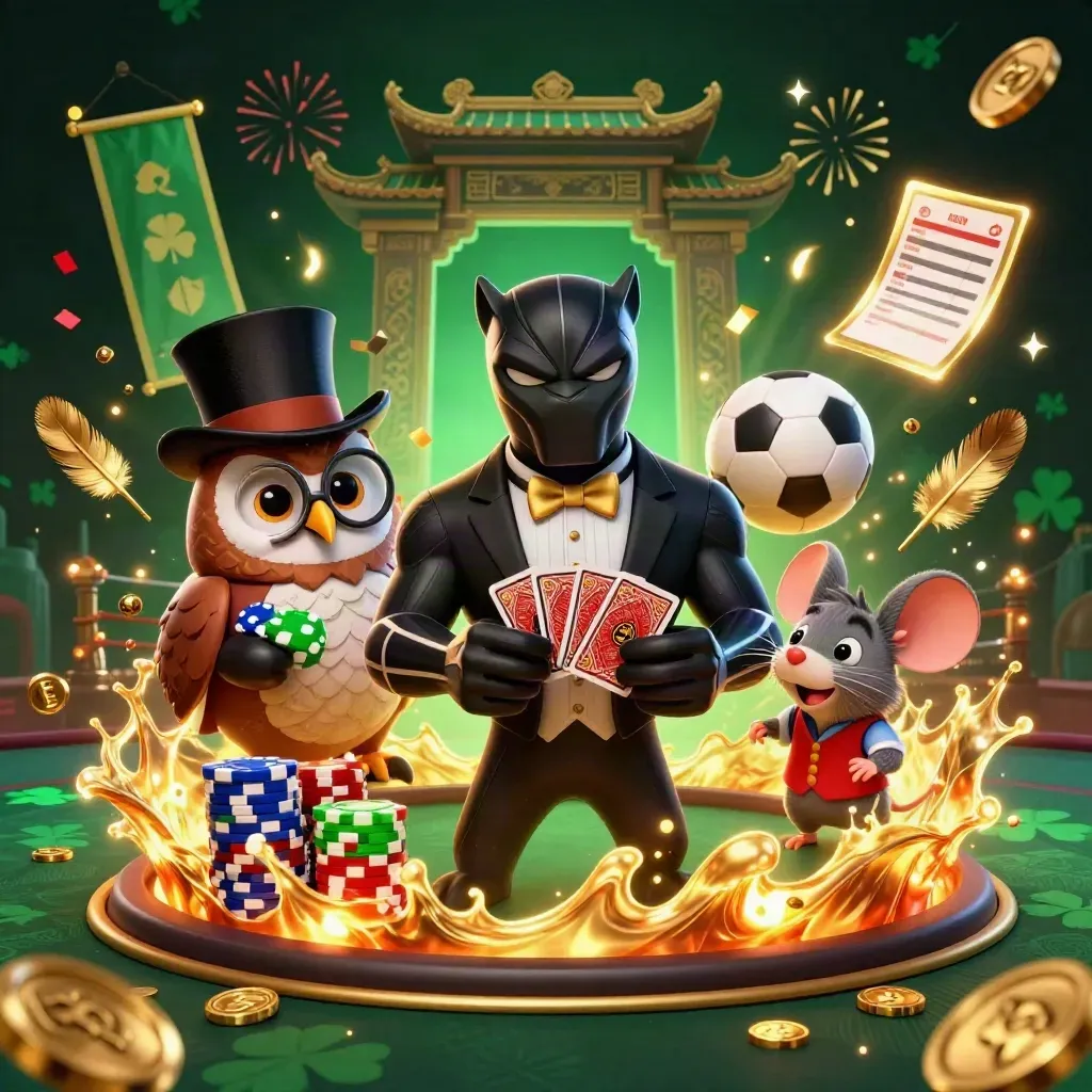 Drie casino-mascottes met kaarten, chips en gouden glans in neon casino-sfeer
