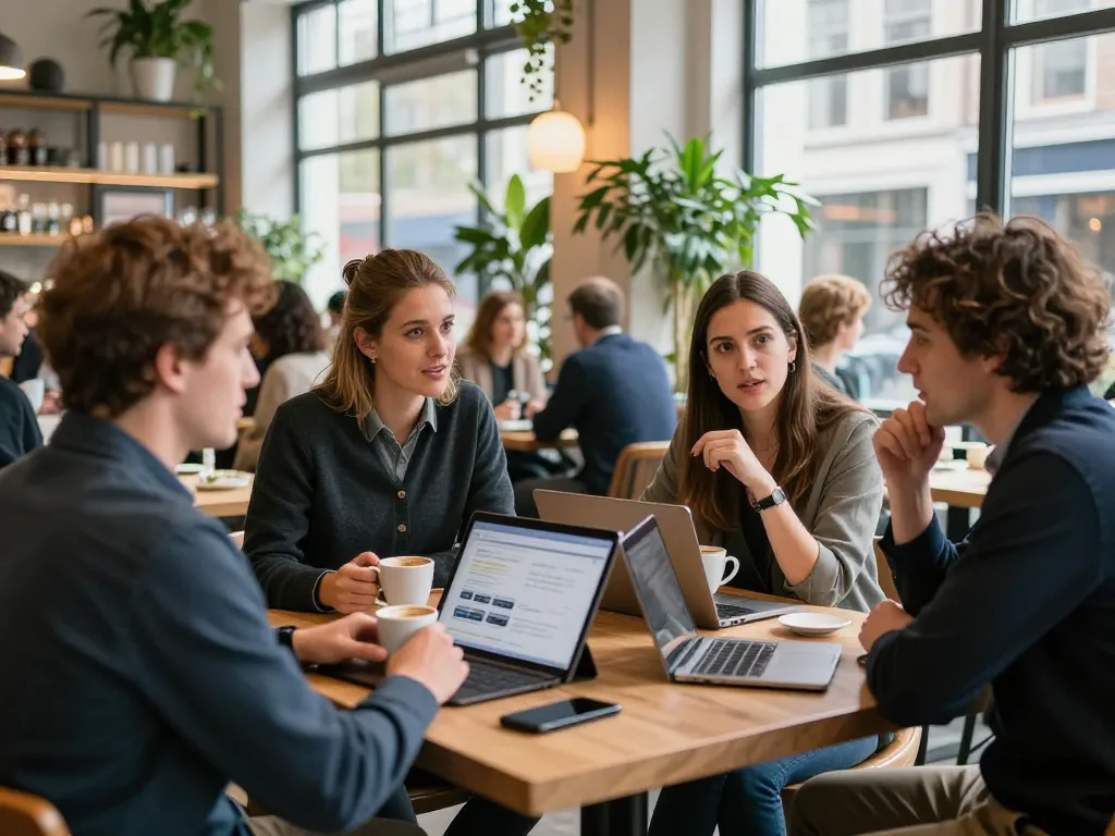 Betrokken professionals netwerken in een café, met de nadruk op bedrijven in Utrecht.