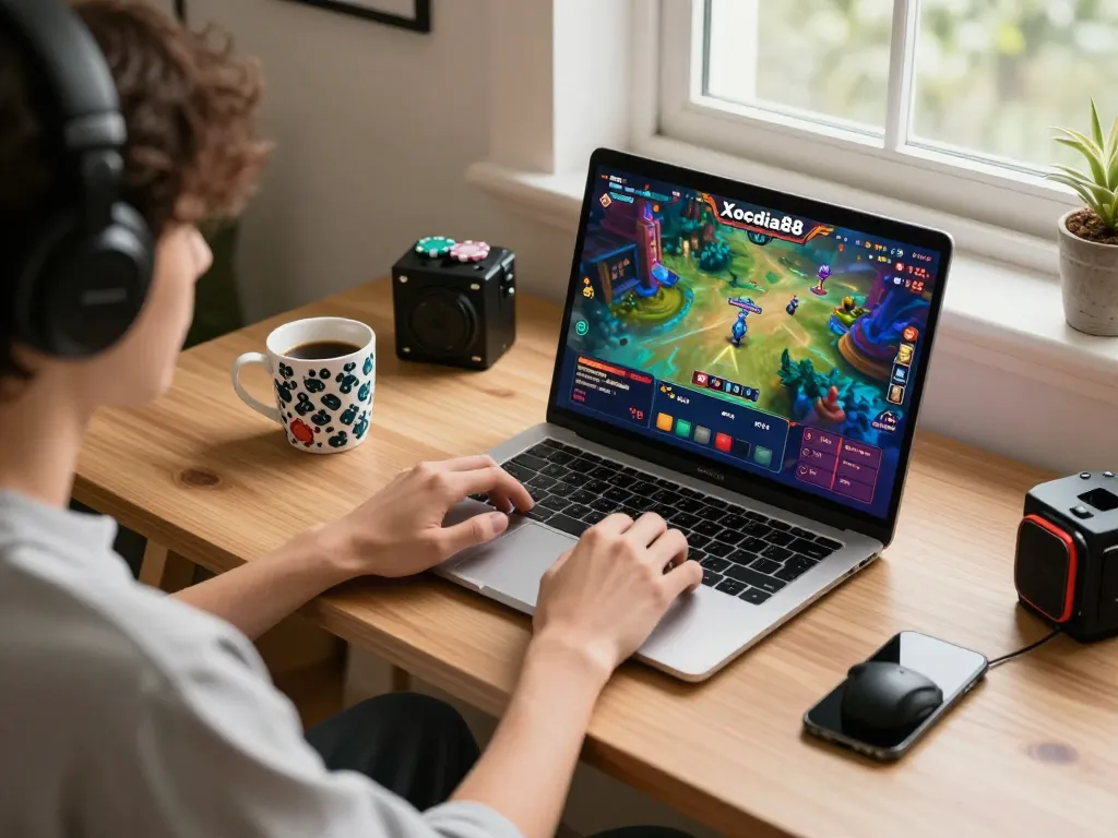 Xocdia88 player navigating online casino game on laptop from stylish home setup, showcasing engaging gameplay.