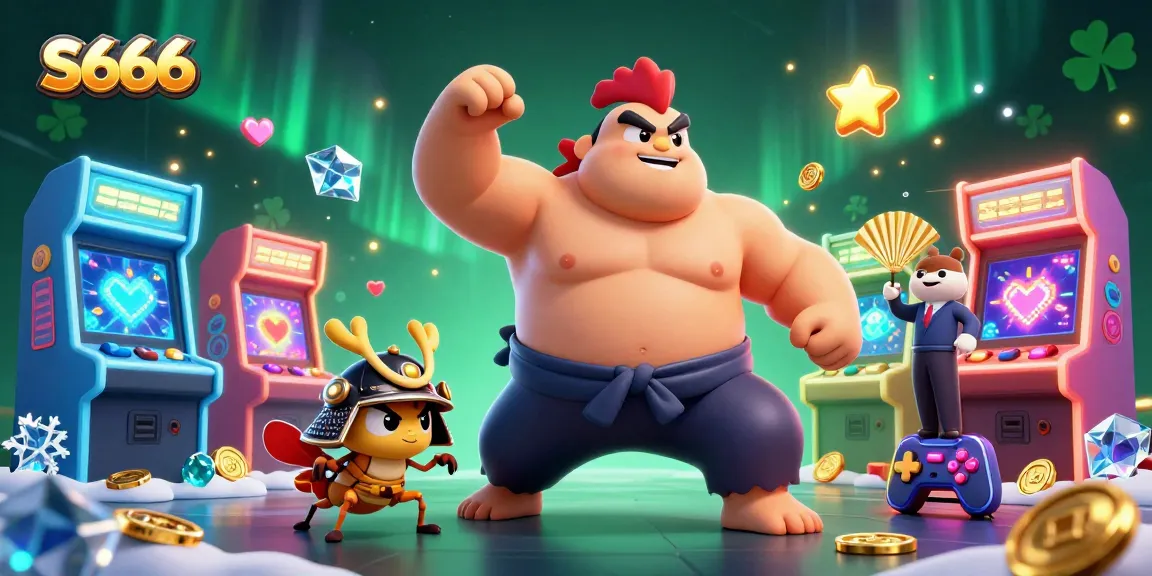 S666 offers vibrant casino action with a powerful sumo wrestler rooster and unique game elements.