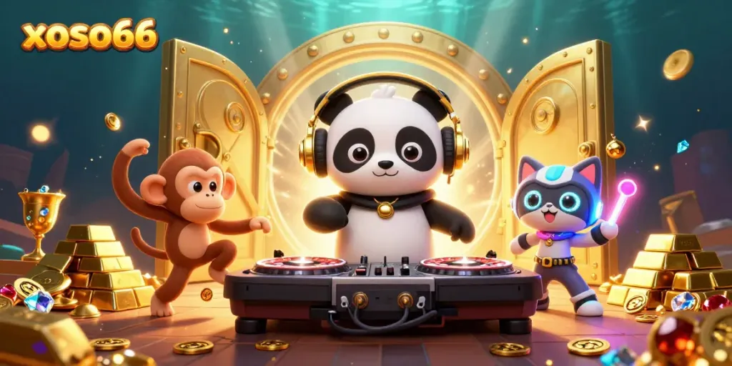 Engage with exciting gameplay on xoso66, featuring a DJ panda, a dancing monkey, and a glowing kitten in a vibrant casino scene.