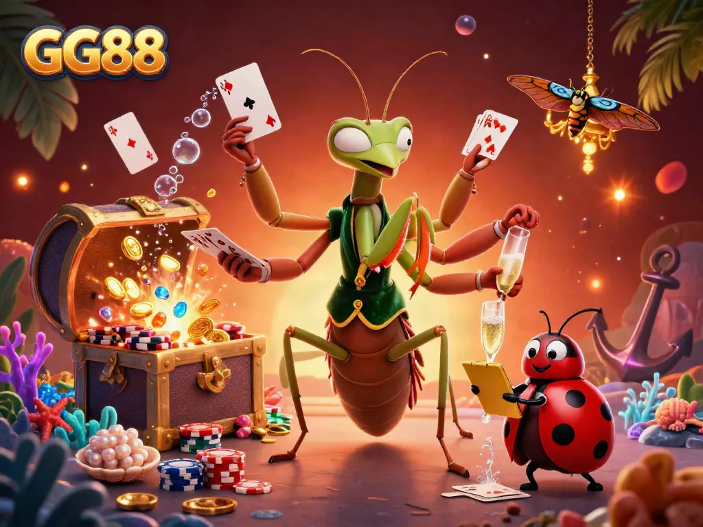 Engage with GG88's vibrant casino experience featuring a cartoon mantis dealer and ladybug boss.