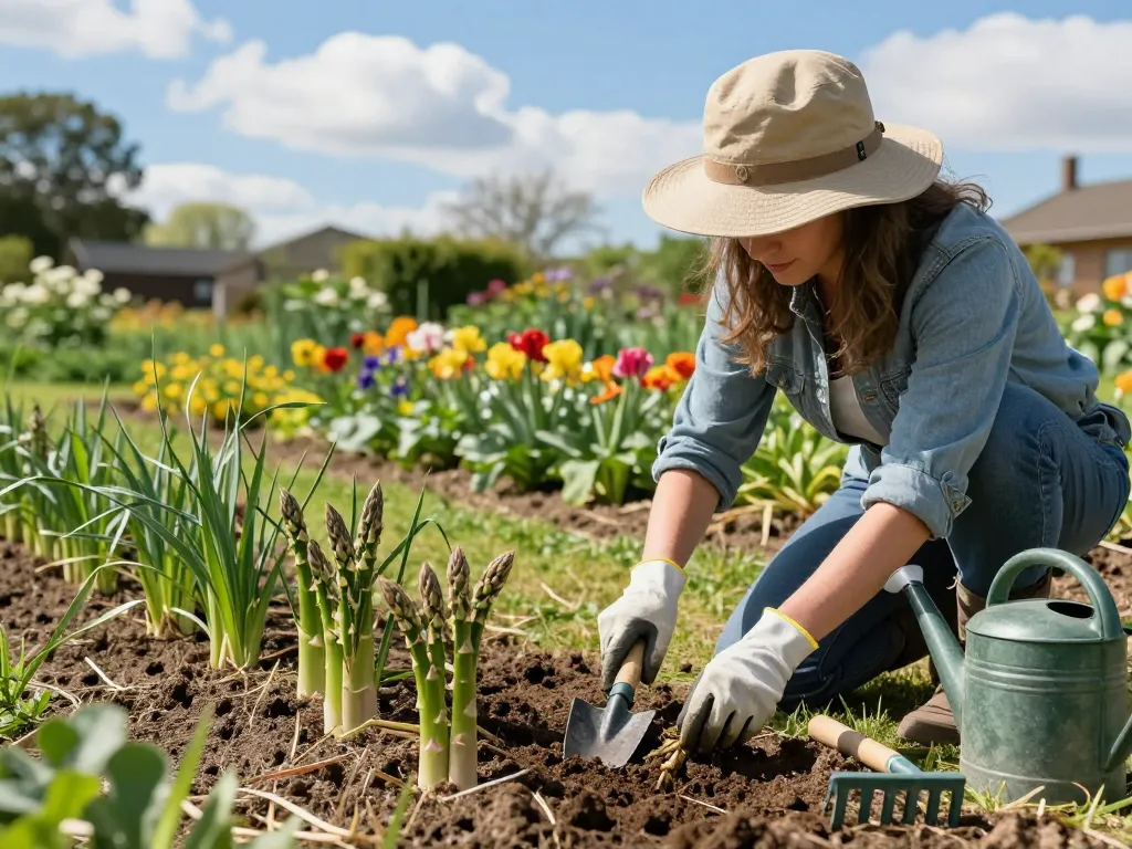 Asperges kweken in a sunny garden scene with a gardener planting asparagus crowns.