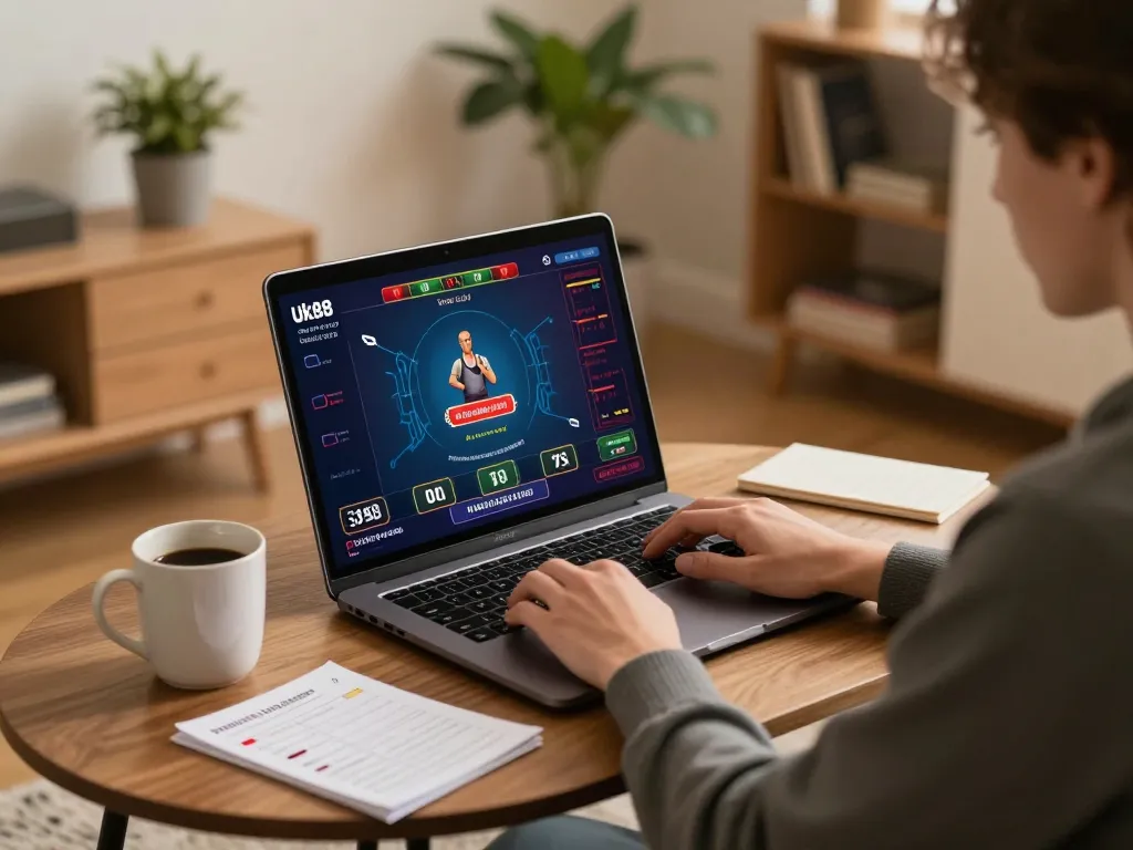 Player enjoying live dealer game on Uk88 in a cozy home environment with warm lighting.