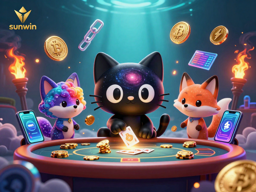 Experience the cosmic casino action with sunwin as the black hole cat draws in golden chips and modern crypto elements.