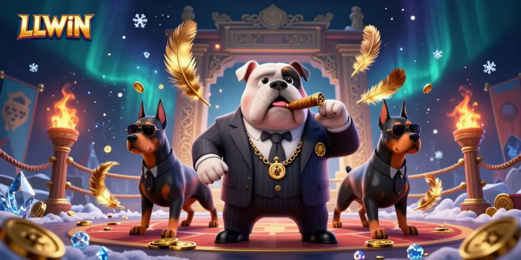 Experience thrilling gaming with LLWIN’s dynamic casino scene featuring a mafia bulldog and bodyguard dogs.
