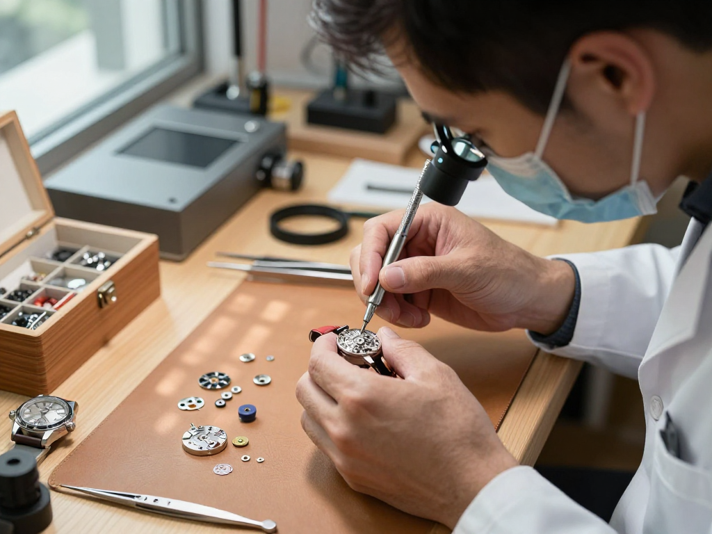 Expert watchmaker examining Omega 8500 movement parts in a precision workshop.
