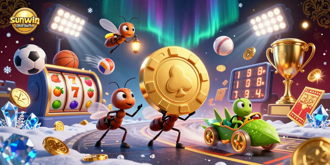 Engaging scene of sunwin chính hãng with animated ants heisting a giant poker chip amidst dynamic casino elements.