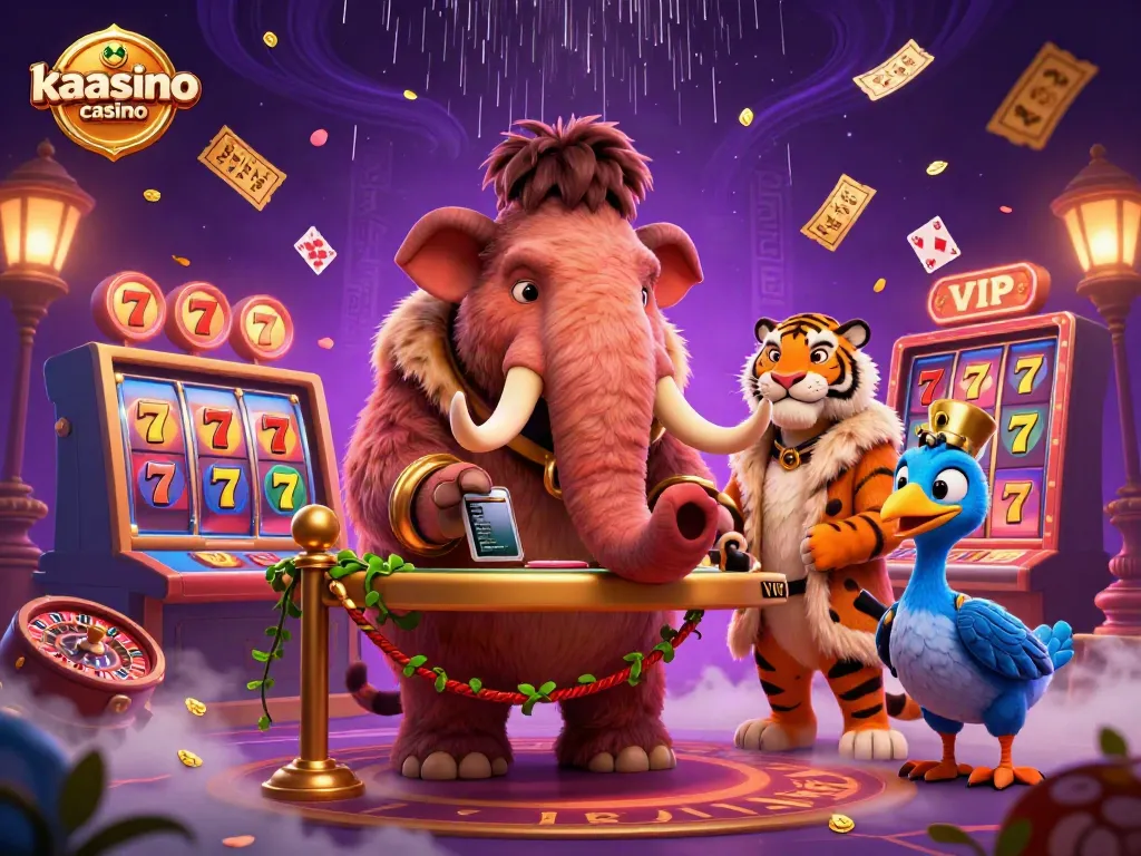 Kaasino casino illustration featuring a woolly mammoth bouncer, saber-tooth tiger VIP, and dodo doorman amidst vibrant gaming elements.