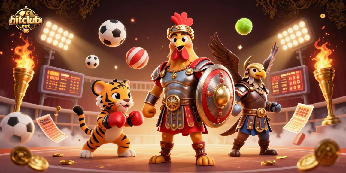 Experience thrilling gameplay at hitclub-net, featuring a dynamic 3D scene with gladiators and sports elements.