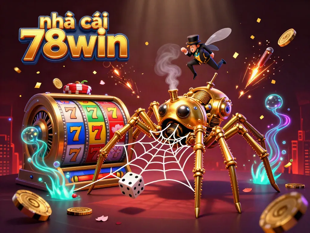 Catching lucky dice in a steampunk web, showcasing casino thrills with nhà cái 78win.