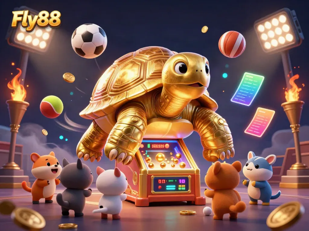 Engage with Fly88 in a vibrant casino world featuring a golden tortoise pinball machine and excited animals.