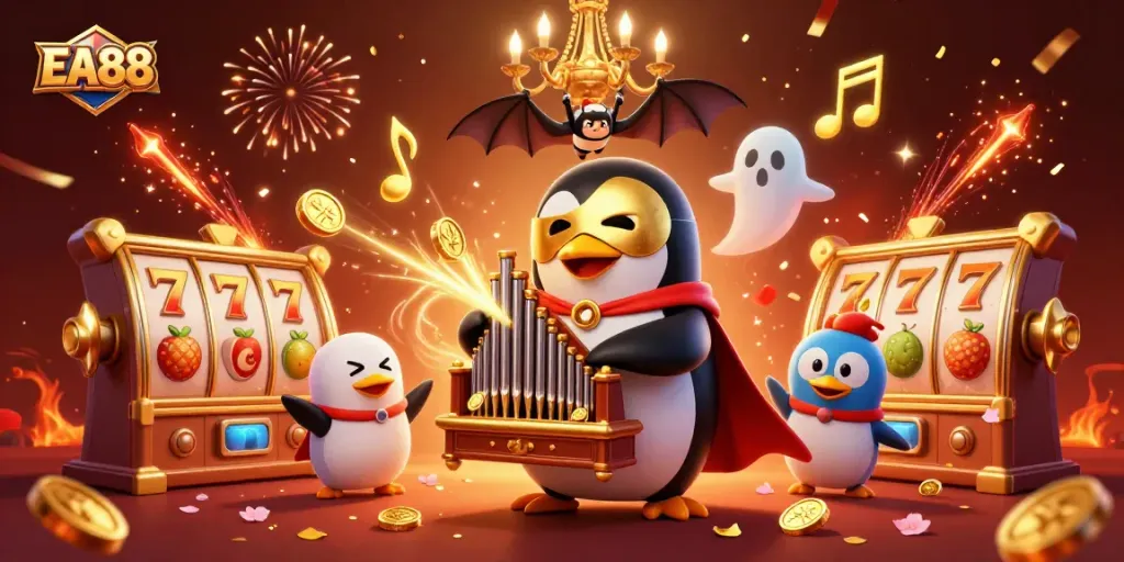 Engage with EA88's vibrant casino scene featuring a penguin playing a festive organ amidst joyful celebrations.