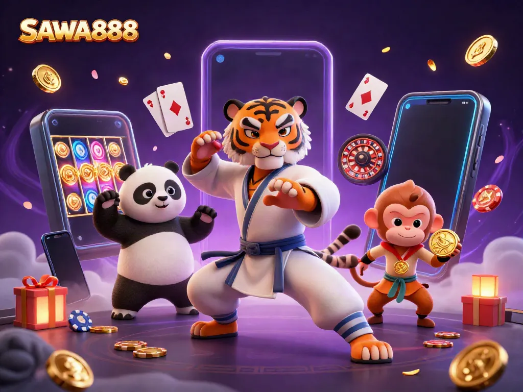Engage with SAWA888's vibrant casino scene featuring dynamic characters and rich gaming elements.