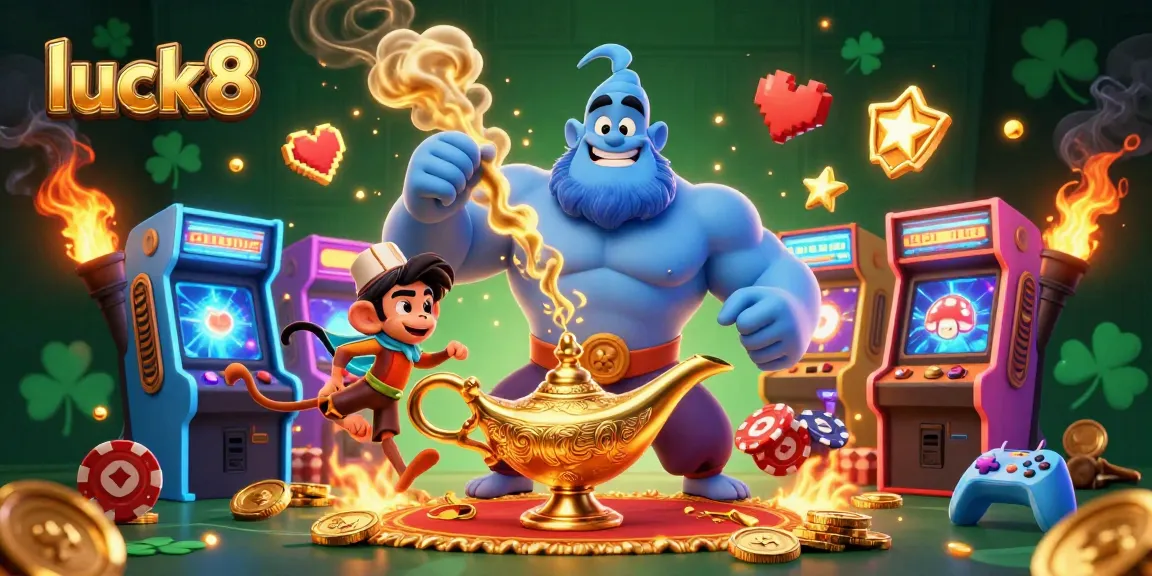 Experience luck8's vibrant casino magic with a genie, monkey, and gaming elements.