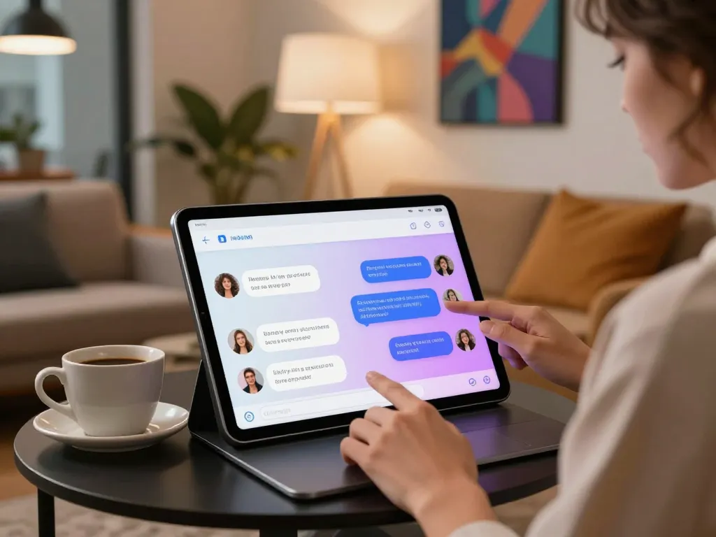 Engaging with spicy chat ai on a tablet in a cozy lounge atmosphere.