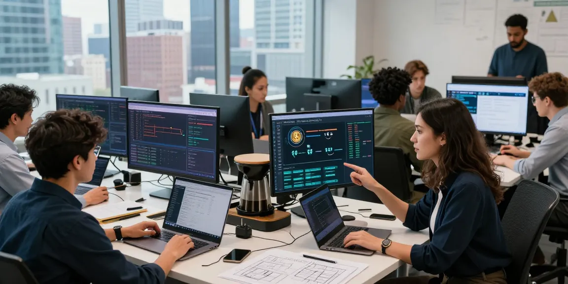 Traders engaging with the bungeeexchange platform in a modern collaborative workspace, showcasing cross-chain finance operations.